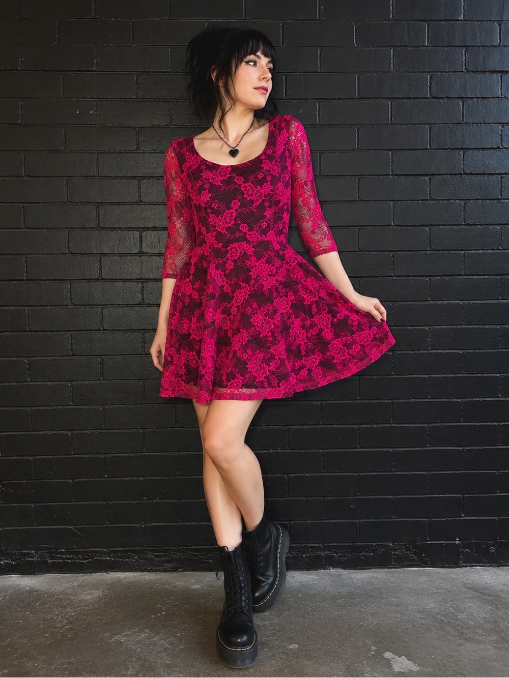 LuNa TiKs Pink Black Floral Lace Fit & Flare Dress Small Made in USA Y2K Goth